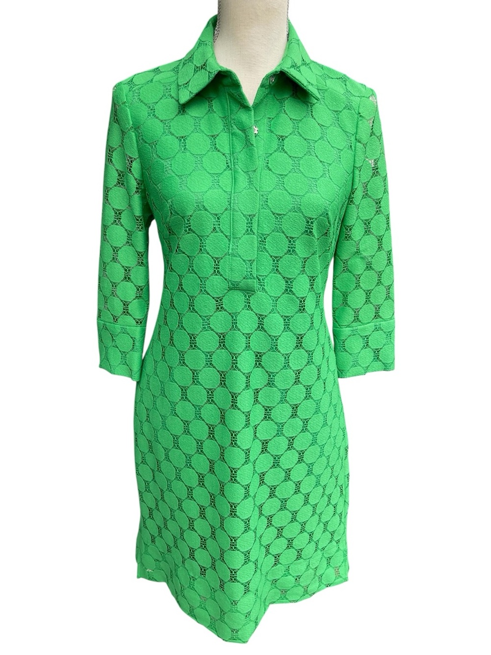 Adrianna Papell Vibrant Green Circular Lace Polo Style 3/4 Sleeve Mini Dress (6)